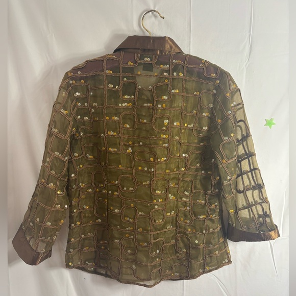 90’s VTG Satin Sequin Semi Sheer Textured Brown Gold Women’s Button Down Size M - Picture 2 of 14